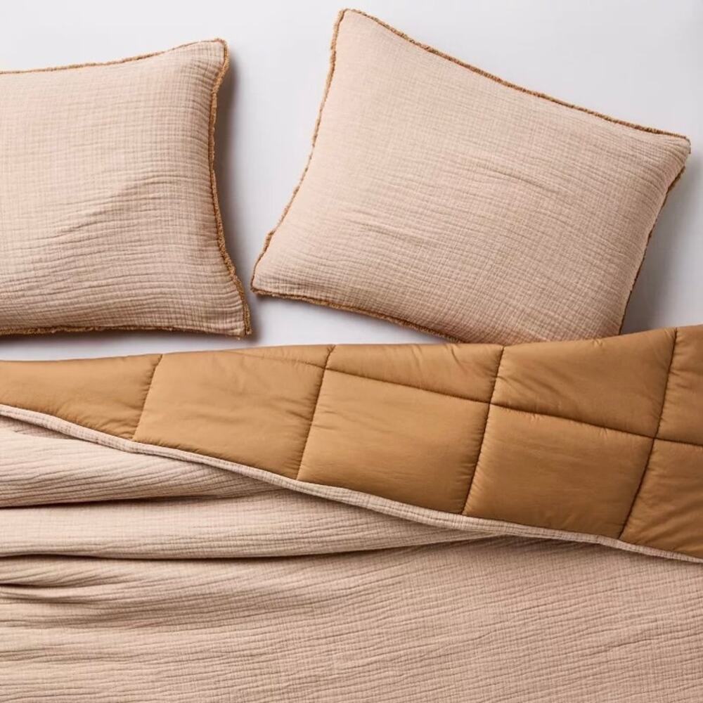 Casaluna Textured Chambray Pillow Sham Set Warm Brown Full Queen 26” x 20”